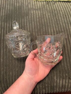 vintage Anchor Hocking "Prescut" pattern creamer and covered sugar set